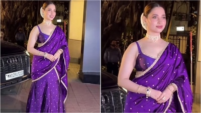 Tamannaah Bhatia stuns in regal purple saree at Mumbai event. (Instagram) Tamannaah Bhatia stuns in regal purple saree at Mumbai event. (Instagram)