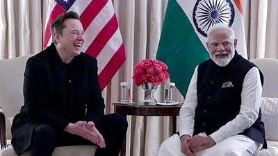 Washington, DC, Feb 13 (ANI): Prime Minister Narendra Modi in a bilateral meeting with Tesla CEO Elon Musk at Blair House, in Washington, DC on Thursday. (ANI Photo) (ANI Grab)