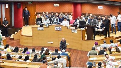 MCD Commissioner Ashwani Kumar presents the Budget for 2025-26 during the special Budget meeting at Civic Centre in New Delhi on Thursday. (Sanjeev Verma/HT Photo)