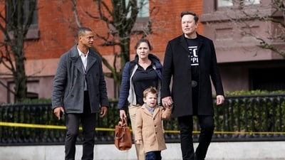 Elon Musk , accompanied by his family members including little X, has arrived at Blair House for a bilateral meeting with PM Modi. Elon Musk , accompanied by his family members including little X, has arrived at Blair House for a bilateral meeting with PM Modi.