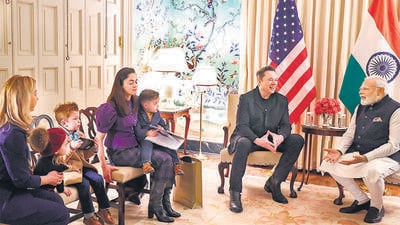 PM Narendra Modi with Musk and his children at the Blair House in Washington, DC on Thursday. (X) PM Narendra Modi with Musk and his children at the Blair House in Washington, DC on Thursday. (X)