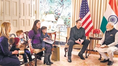 PM Narendra Modi with Musk and his children at the Blair House in Washington, DC on Thursday. (X) (HT_PRINT)