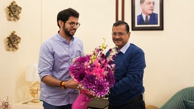 Shiv Sena (UBT) leader Aditya Thackeray meets AAP convenor Arvind Kejriwal, in New Delhi, Thursday, Feb. 13, 2025. (PTI) Shiv Sena (UBT) leader Aditya Thackeray meets AAP convenor Arvind Kejriwal, in New Delhi, Thursday, Feb. 13, 2025. (PTI)