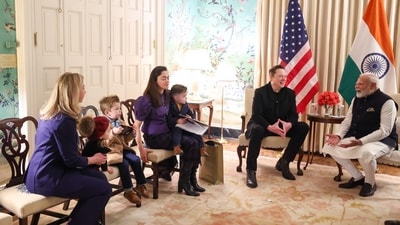 **EDS: THIRD PARTY IMAGE** In this image released by PMO on Thursday, Feb. 13, 2025, Prime Minister Narendra Modi during a meeting with SpaceX CEO Elon Musk along with his children at the Blair House, in Washington, DC, USA. (PMO via PTI Photo) (PTI02_13_2025_000507B) (PMO)
