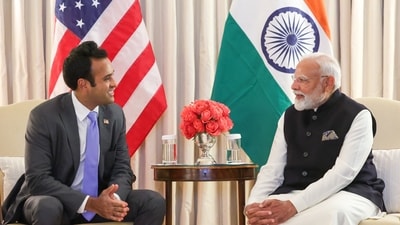 **EDS: THIRD PARTY IMAGE** In this image released by PMO on Thursday, Feb. 13, 2025, Prime Minister Narendra Modi during a meeting with entrepreneur Vivek Ramaswamy at the Blair House, in Washington, DC, USA. (PMO via PTI Photo) (PTI02_14_2025_000001B) (PMO)