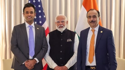 **EDS: THIRD PARTY IMAGE** In this image released by PMO on Thursday, Feb. 13, 2025, Prime Minister Narendra Modi during a meeting with entrepreneur Vivek Ramaswamy, left, at the Blair House, in Washington, DC, USA. (PMO via PTI Photo) (PTI02_14_2025_000003A) (PMO)