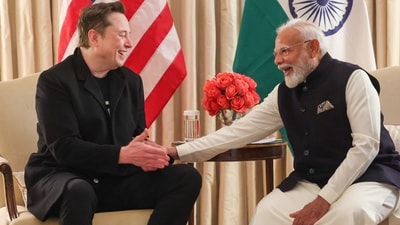 **EDS: THIRD PARTY IMAGE** In this image released by PMO on Thursday, Feb. 13, 2025, Prime Minister Narendra Modi during a meeting with SpaceX CEO Elon Musk at the Blair House, in Washington, DC, USA. (PMO via PTI Photo) (PTI02_14_2025_000510B) (PMO)