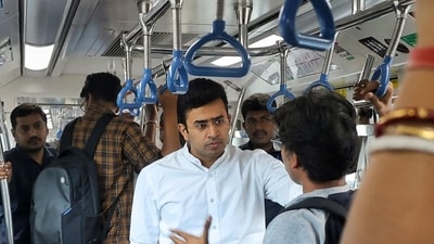 BJP MP Tejasvi Surya earlier slammed Karnataka govt for the metro fare hike. (PTI) BJP MP Tejasvi Surya earlier slammed Karnataka govt for the metro fare hike. (PTI)