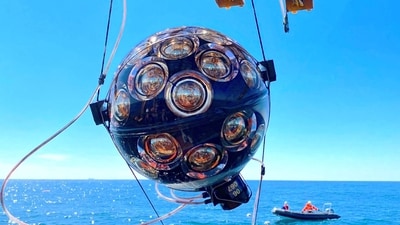 The KM3NeT Digital Optical Module (DOM) attached to Vertical Electro-Optical Cable (VEOC), which supplies power and enables data transmission via fiber connection, part of research to detect neutrinos, is seen during a recovery operation in the Mediterranean Sea in this undated handout image released on February 12, 2025. (REUTERS)