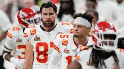 Kansas City Chiefs tight end Travis Kelce (87) quarterback Patrick Mahomes (15) and running back Kareem Hunt (29) walk off the field at the halftime break during the NFL Super Bowl 59 football game against the Philadelphia Eagles, Sunday, Feb. 9, 2025, in New Orleans. (AP Photo/Stephanie Scarbrough) (AP)