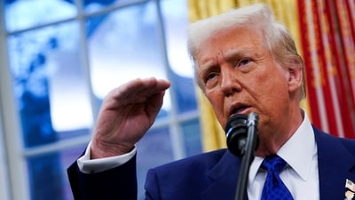 US President Donald Trump gestures in the Oval Office at the White House in Washington, D.C.. (REUTERS)