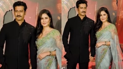 Vijay Deverakonda wouldn't let go of Katrina Kaif's hand at Chhaava screening. (Viral Bayani/Instagram) Vijay Deverakonda wouldn't let go of Katrina Kaif's hand at Chhaava screening. (Viral Bayani/Instagram)