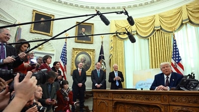 US President Donald Trump speaks in the Oval Office of the White House as he announces reciprocal tariffs, in Washington, DC, on February 13, 2025. (AFP) US President Donald Trump speaks in the Oval Office of the White House as he announces reciprocal tariffs, in Washington, DC, on February 13, 2025. (AFP)