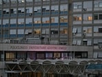 A picture shows the Gemelli hospital where Pope Francis is hospitalized for tests and treatment for bronchitis in Rome, on February 14, 2025. The 88-year-old, who has been breathless in recent days and has delegated officials to read his speeches, was admitted following his morning audiences, the Vatican announced.