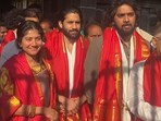 Naga Chaitanya and Sai Pallavi posed for photos outside Tirupati temple.