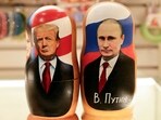 Traditional Russian wooden nesting dolls, Matryoshka dolls, depicting Russia's President Vladimir Putin (R), US President Donald Trump, and his wife Melania (L) are displayed for sale at a gift shop on the touristic Arbat street in downtown Moscow on February 13, 2025. Traditional Russian wooden nesting dolls, Matryoshka dolls, depicting Russia's President Vladimir Putin (R), US President Donald Trump, and his wife Melania (L) are displayed for sale at a gift shop on the touristic Arbat street in downtown Moscow on February 13, 2025.