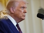U.S. President Donald Trump looks on as he attends a joint press conference with Indian Prime Minister Narendra Modi.