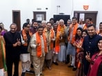 Bharatiya Janata Party (BJP) National General Secretary (Org) BL Santosh, Delhi party president Virender Sachdeva, party national vice-president Baijayant Panda, party MP Bansuri Swaraj pose for a picture with newly elected party MLAs Parvesh Verma, Anil Sharma, Satish Upadhyay, Kailash Gahlot, Shikha Roy, Harish Khurana and others at Delhi BJP Office in New Delhi on Sunday. Bharatiya Janata Party (BJP) National General Secretary (Org) BL Santosh, Delhi party president Virender Sachdeva, party national vice-president Baijayant Panda, party MP Bansuri Swaraj pose for a picture with newly elected party MLAs Parvesh Verma, Anil Sharma, Satish Upadhyay, Kailash Gahlot, Shikha Roy, Harish Khurana and others at Delhi BJP Office in New Delhi on Sunday.