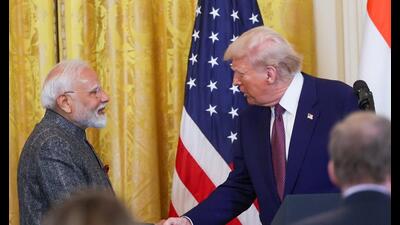 **EDS: THIRD PARTY IMAGE** In this image released by PMO on Friday, Feb. 14, 2025, Prime Minister Narendra Modi with US President Donald Trump during a joint press conference at the White House, in Washington, DC, USA. (PMO via PTI Photo) (PTI02_14_2025_000065A) (PMO)