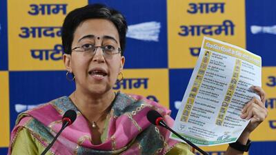 Atishi during a press conference at AAP party headquarters in New Delhi on Friday. (Vipin Kumar/HT Photo) Atishi during a press conference at AAP party headquarters in New Delhi on Friday. (Vipin Kumar/HT Photo)