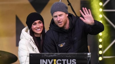 Britain's Prince Harry and his wife Meghan, the Duke and Duchess of Sussex, attend a welcome celebration during the 2025 Invictus Games, in Whistler, British Columbia, Monday, Feb. 10, 2025. (Darryl Dyck/The Canadian Press via AP) (AP) Britain's Prince Harry and his wife Meghan, the Duke and Duchess of Sussex, attend a welcome celebration during the 2025 Invictus Games, in Whistler, British Columbia, Monday, Feb. 10, 2025. (Darryl Dyck/The Canadian Press via AP) (AP)