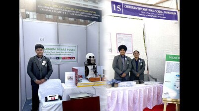 Chitkara International School students displaying their models and projects at the CBSE National Science Exhibition 2024-25 in Gurugram. (HT Photo)