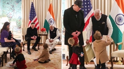 Prime Minister Narendra Modi meeting Elon Musk and his family. (X/@narendramodi) Prime Minister Narendra Modi meeting Elon Musk and his family. (X/@narendramodi)