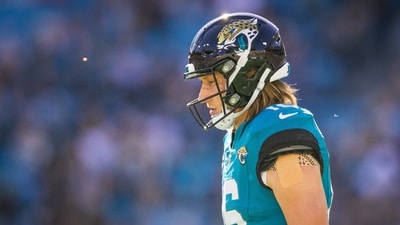 Dec 1, 2024; Jacksonville, Florida, USA; Jacksonville Jaguars quarterback Trevor Lawrence (16) walks back to the huddle against the Houston Texans in the first quarter at EverBank Stadium. Mandatory Credit: Jeremy Reper-Imagn Images (USA TODAY Sports via Reuters Con)