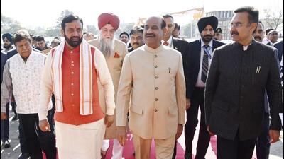 Haryana chief minister Nayab Singh Saini (left) and assembly Speaker Harvinder Kalyan (right) escorting Lok Sabha Speaker Om Birla (centre) at the Vidhan Sabha in Chandigarh on Friday. Punjab Speaker Kultar Singh Sandhwan and former Haryana Speaker Gian Chand Gupta are also seen. (HT Photo) Haryana chief minister Nayab Singh Saini (left) and assembly Speaker Harvinder Kalyan (right) escorting Lok Sabha Speaker Om Birla (centre) at the Vidhan Sabha in Chandigarh on Friday. Punjab Speaker Kultar Singh Sandhwan and former Haryana Speaker Gian Chand Gupta are also seen. (HT Photo)
