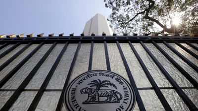 The Reserve Bank of India (RBI) seal is pictured on a gate outside the RBI headquarters in Mumbai.