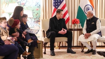 PM Narendra Modi met Elon Musk during his US trip. Musk was accompanied by Shivon Zilis. (PMO) PM Narendra Modi met Elon Musk during his US trip. Musk was accompanied by Shivon Zilis. (PMO)