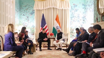 Prime Minister Narendra Modi during a meeting with SpaceX CEO Elon Musk, his girlfriend and their children. at the Blair House, in Washington, DC, USA (PMO) Prime Minister Narendra Modi during a meeting with SpaceX CEO Elon Musk, his girlfriend and their children. at the Blair House, in Washington, DC, USA (PMO)