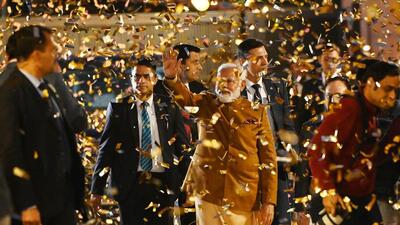 Prime Minister Narendra Modi arrives at BJP Headquarters after BJP wins the Delhi Assembly Elections in New Delhi on February 8. (Ajay Aggarwal/HT Photo)