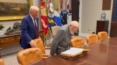 US President Donald Trump pulls out a chair for Prime Minister Narendra Modi during their meeting at the White House. (Screengrab)