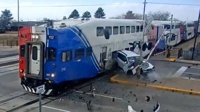 A driver in Utah escaped seconds before a train smashed their SUV at a railroad crossing. (X) A driver in Utah escaped seconds before a train smashed their SUV at a railroad crossing. (X)