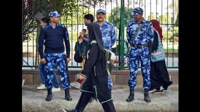 Security heightened outside the Jamia Millia Islamia university on Thursday after several students staged protests and vandalised property over the varsity’s disciplinary action against two PhD scholars. (ANI Photo) Security heightened outside the Jamia Millia Islamia university on Thursday after several students staged protests and vandalised property over the varsity’s disciplinary action against two PhD scholars. (ANI Photo)