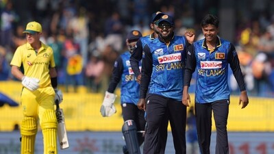 Sri Lanka's Danith Wellalage celebrates the wicket of Ben Dwarshuis during the second ODI cricket match between Sri Lanka and Australia in Colombo (AP)