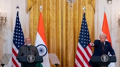 US President Donald Trump, right, and Narendra Modi, India's prime minister, during a news conference in the East Room of the White House in Washington, DC, US, on Thursday, Feb. 13, 2025. (Bloomberg) US President Donald Trump, right, and Narendra Modi, India's prime minister, during a news conference in the East Room of the White House in Washington, DC, US, on Thursday, Feb. 13, 2025. (Bloomberg)