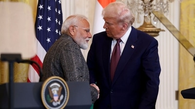 US President Donald Trump and PM Narendra Modi during a news conference in the East Room of the White House in Washington DC on Thursday, Feb. 13, 2025. (Bloomberg)