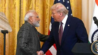 US President Donald Trump shakes hands with Indian Prime Minister Narendra Modi during a joint press conference in the East Room of the White House in Washington DC on Thursday. (AFP) US President Donald Trump shakes hands with Indian Prime Minister Narendra Modi during a joint press conference in the East Room of the White House in Washington DC on Thursday. (AFP)