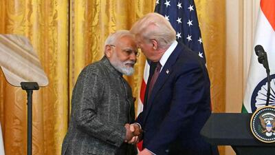 US President Donald Trump shakes hands with Indian Prime Minister Narendra Modi during a joint press conference in the East Room of the White House in Washington DC on Thursday. (AFP) US President Donald Trump shakes hands with Indian Prime Minister Narendra Modi during a joint press conference in the East Room of the White House in Washington DC on Thursday. (AFP)