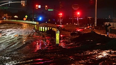 While the region's storm-related heavy rains started to lessen Thursday evening, the danger of rock and mudslides on hillsides damaged by wildfires persisted on Friday. This is because hazardous slides can still occur even after the rain stops, especially in areas that have burned away vegetation that keeps soil anchored. (AFP) While the region's storm-related heavy rains started to lessen Thursday evening, the danger of rock and mudslides on hillsides damaged by wildfires persisted on Friday. This is because hazardous slides can still occur even after the rain stops, especially in areas that have burned away vegetation that keeps soil anchored. (AFP)