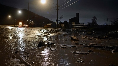 A storm in Malibu, California, filled the Pacific Coast Highway with mud and debris close to the Palisades Fire zone. (AFP) A storm in Malibu, California, filled the Pacific Coast Highway with mud and debris close to the Palisades Fire zone. (AFP)