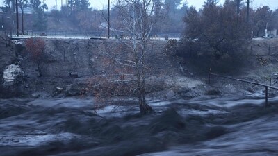 An atmospheric river brings strong rains, causing caustic black water from the Eaton Fire to pour past in the Eaton Wash near Altadena, California. (AFP) An atmospheric river brings strong rains, causing caustic black water from the Eaton Fire to pour past in the Eaton Wash near Altadena, California. (AFP)