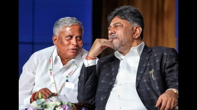 Union minister of state V Somanna with Karnataka deputy chief minister DK Shivakumar at the Global Investors’ Meet 2025, in Bengaluru on Friday. (PTI) Union minister of state V Somanna with Karnataka deputy chief minister DK Shivakumar at the Global Investors’ Meet 2025, in Bengaluru on Friday. (PTI)