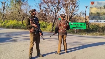 Security personnel keep vigil during a search operation after a suspected IED blast that killed two army personnel, in Akhnoor, Jammu and Kashmir, Wednesday, Feb. 12, 2025. (PTI) Security personnel keep vigil during a search operation after a suspected IED blast that killed two army personnel, in Akhnoor, Jammu and Kashmir, Wednesday, Feb. 12, 2025. (PTI)