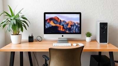 Sleek computer desk with dual monitors, cozy lighting, and minimalist setup. Sleek computer desk with dual monitors, cozy lighting, and minimalist setup.