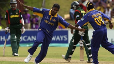 Chaminda Vaas celebrates after claiming a hat-trick against Bangladesh during a match at the 2003 World Cup. (Getty Images)