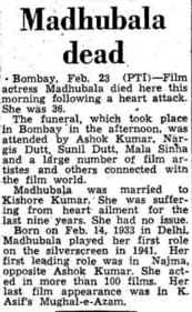 A 1969 news clipping of Hindustan Times' report on Madhubala's death. A 1969 news clipping of Hindustan Times' report on Madhubala's death.