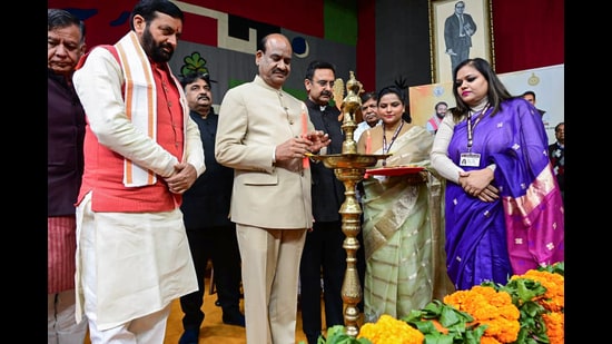 Lok Sabha Speaker Om Birla lights the ceremonial lamp during the inauguration of the orientation programme for Haryana MLAs at Haryana Legislative Assembly premises in Chandigarh on Friday. (Lok Sabha-X)